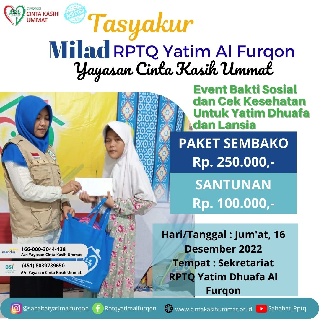 BERBAGI PAKET SEMBAKO DAN SANTUNAN DALAM RANGKA TASYAKUR MILAD RPTQ YATIM DHUAFA AL FURQON